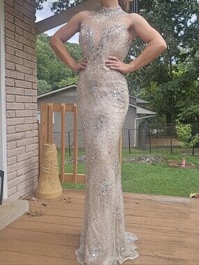 Stephen Yearick Nude Beaded Illusion High-Neck Gown